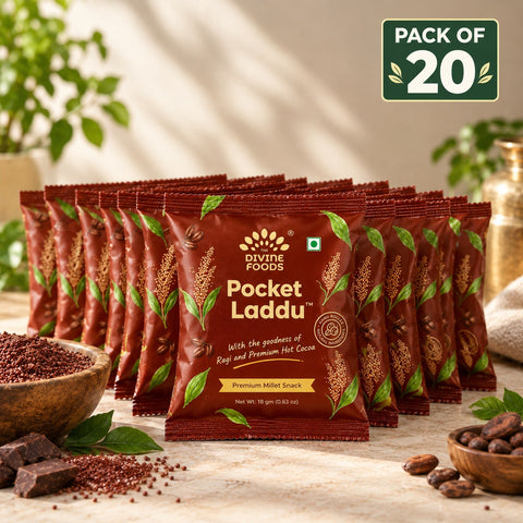 Divine Pocket Laddu Ragi Cocoa | Guilt-Free Snack | Pack of 20 Sachets