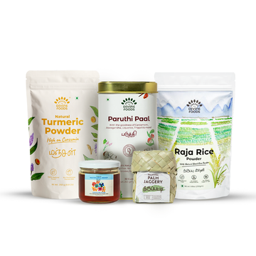Kitchen Essentials Combo (Paruthi paal, Palm Jaggery,Turmeric Powder,Multifloral Honey,Raja Rice Powder)