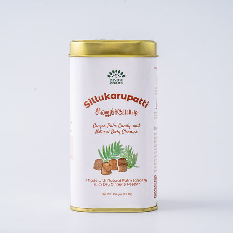 The Divine Foods Sillu Karupatti traditional palm jaggery known for its rich flavour and natural sweetness.