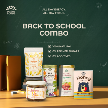 Divine Back To School Kit  - Honey Shots + Gulkand + Hot cocoa +Banana Powder + Palm Candy + Lunch Bag