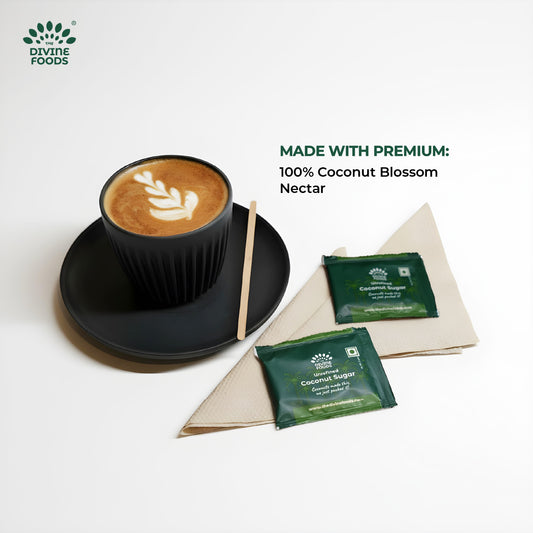 Divine Coconut Sugar Sachet 5 gm pack x 100 units | Natural Sweetener, Sugar Alternative, Coconut Palm Sap | Unrefined