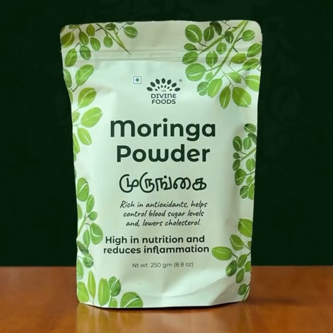 The Divine Foods organic moringa powder 250 gm pack made from nutrient-rich moringa leaves.