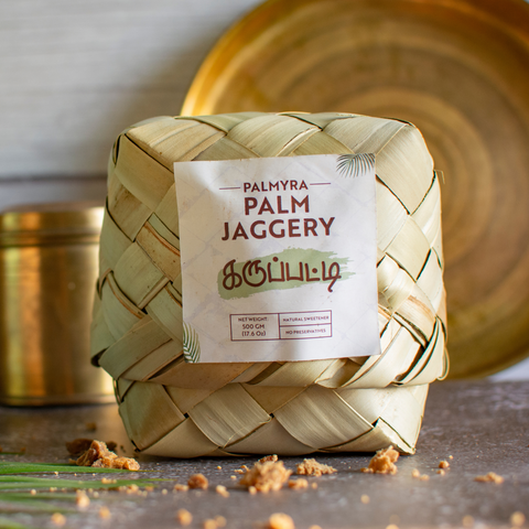 Karuppatti palm jaggery powder in Palm Leaf Pack front, 500g
